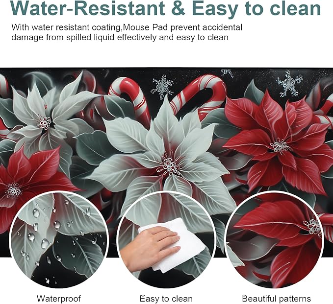Christmas Flowers Extended Gaming Mouse Pad 35.4x15.7Inch Large Desk Mat Anti-Slip Rubber Base & Durable Stitched Edges for Gamers Smooth Mouse Writing Surface for Desk Office/Home