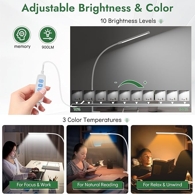 Clamp Lamp for Desk, Eye-Caring LED Clip Light, 27"Tall Flexible Arm, 3 Color Modes 10 Brightness, USB-Powered Task Lamp for Home Office Reading, Nail Desk, Sewing, with 5V/2A adapter (White)
