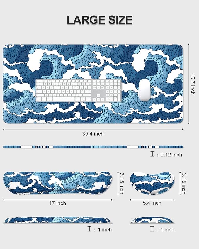 Auhoahsil Large Mouse Pad with Wrist Rests for Keyboard & Mouse, Thick Soft Ergonomic Memory Foam Wrist Supports, Big & Long Desk Mat 35.5 x 15.7 in, for Office Gaming Computer, Blue Wave