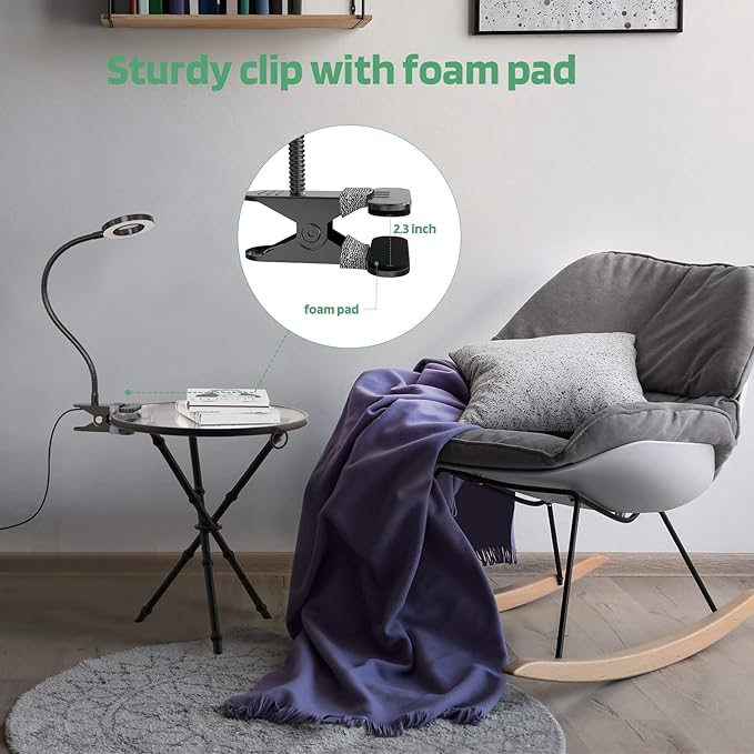 GLORIOUS-LITE LED Clip on Light, 36 LED Eye-Caring Reading Lamp for Dorm Room, 360° Flexible Gooseneck with 4 Color Modes, Dimmable Book Light for Bed, Desk, Headboard, Computer (Black)