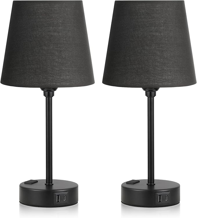 Acaxin Black Lamp for bedrooms Set of 2 - Nightstand Bedroom Lamp with USB C Port and AC Outlet Charging, 3 Way Dimmable Touch Control Bed Side Table Lamp, Small Night Stand Light for Men/Kids