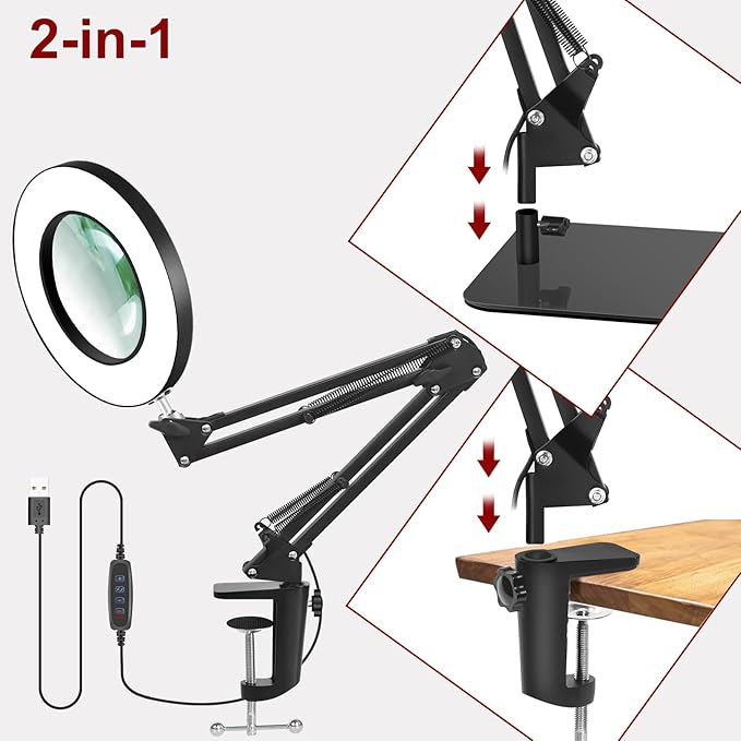 12X Magnifying Glass with Light, 5 Color Modes Stepless Dimmable Magnifier with Stand, LED Lighted Clamp Desk Lamp with Swing Arm, Hands Free for Reading Painting Crafts Close Work