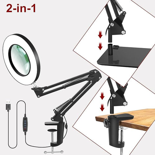 12X Magnifying Glass with Light, 5 Color Modes Stepless Dimmable Magnifier with Stand, LED Lighted Clamp Desk Lamp with Swing Arm, Hands Free for Reading Painting Crafts Close Work