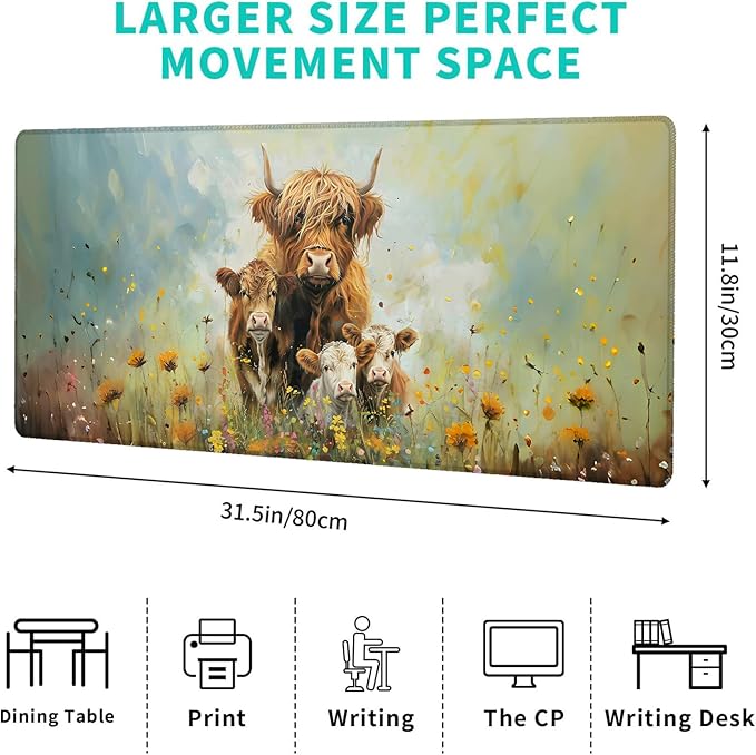 Highland Cow Family Gaming Mouse Pad,12x31.5in Non-Slip Rubber Cute Cattle Desk Mat,Large Extended Farmhouse Spring Mousepad for Office Home Laptop,Mice Pads Gifts,Game Lover Deskmat Decor