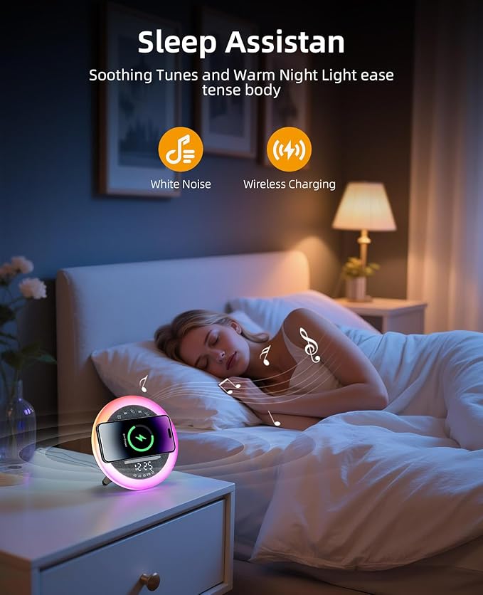 Wireless Alarm Clock, 15W Wireless Charging Station, Bluetooth Speaker Table Lamp for Bedroom Bedside, Dorm, Gifts for 13 Year Old Girls & Teenagers, White Noise Clock with Night Light