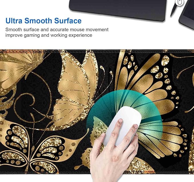IMAYONDIA Black and Gold Desk Mat (35.4x15.7 in), XL XXL Gaming Large Mouse Pad, Non-Slip Rubber Base Big Keyboard Deskmat for Desktop, Computer Accessories, Butterfly Gold Glitter Foil Art