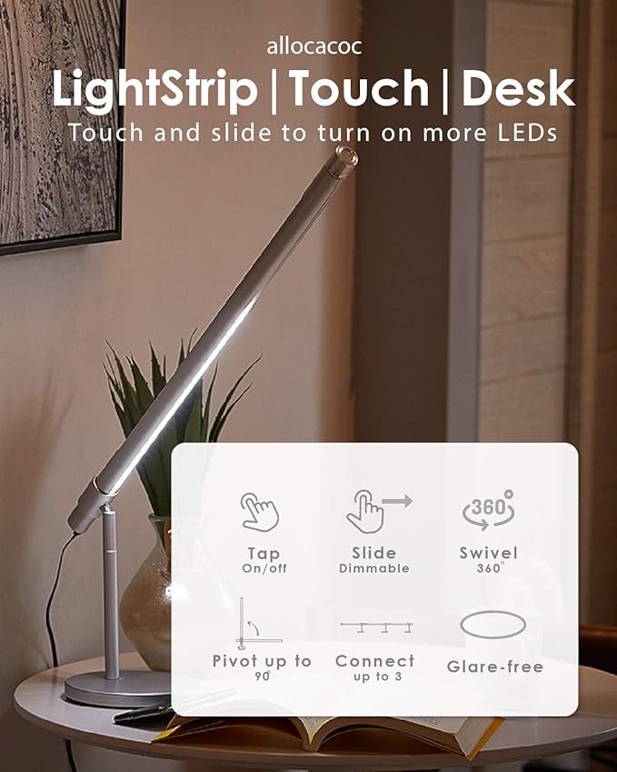 Allocacoc LED Desk Lamp, Table Lamp LightStrip, 360 Degree, Touch Control, Slide, Swipe to Adjust Brightness, Light Saber, Modular, Link to Extend, USB-C, Modern, Fun, Home, Office, Bedroom (Cold)