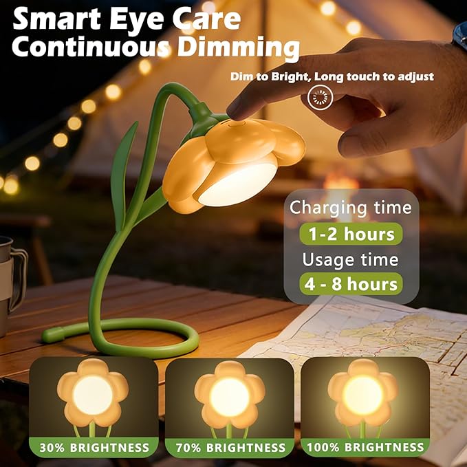 Sunflower Desk Lamp,Rechargeable Neck Reading Light with Adjustable Flexible Gooseneck 3 Color Modes Adjustable Brightness,Cute Desk Lamp for Kids,Great Gift for Kids,Friends(Yellow)