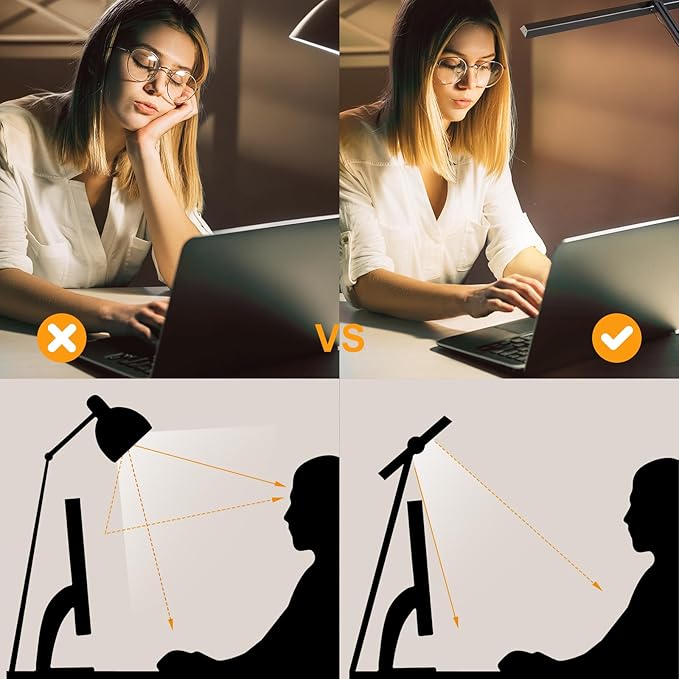 Led Desk Lamp with Clamp, Architect Desk Lamp for Home Office with Atmosphere Lighting, 15W Ultra Bright Dimming Computer Light Stepless Dimming and Tempering LED Table Light with Timing