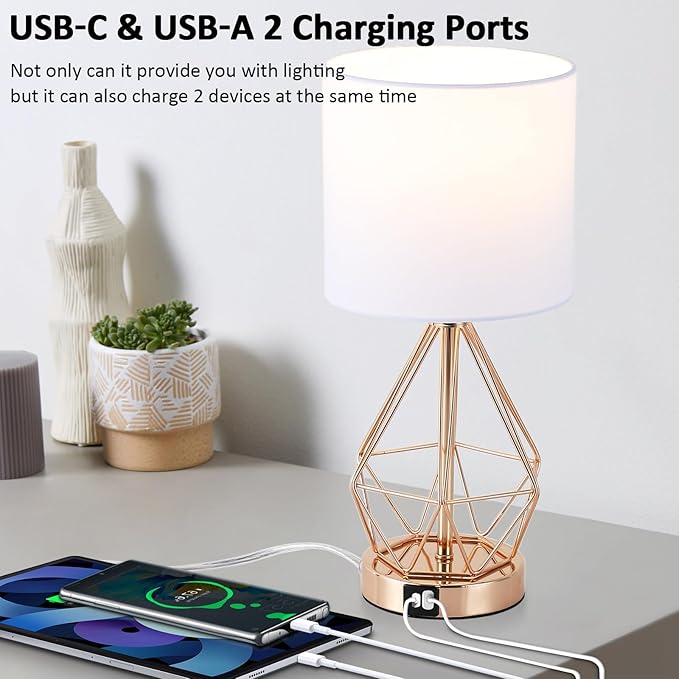 Table Lamp with USB Port, 3 Way Dimmable Touch Lamps for Nightstand, Modern Small Bedside Lamp with Fabric Shade, Gold Side Table Lamp for Bedroom Living Room, USB A & USB C, LED Bulb Included