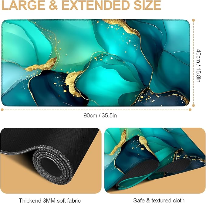 Large Mouse Pad & Keyboard Mat 35x16 Inches, Luxury Blue and Gold Gradient Fluid Art Non-Slip Rubber Base Desk Mat, Large Extended Desk Protector for Home Office Gaming Setup
