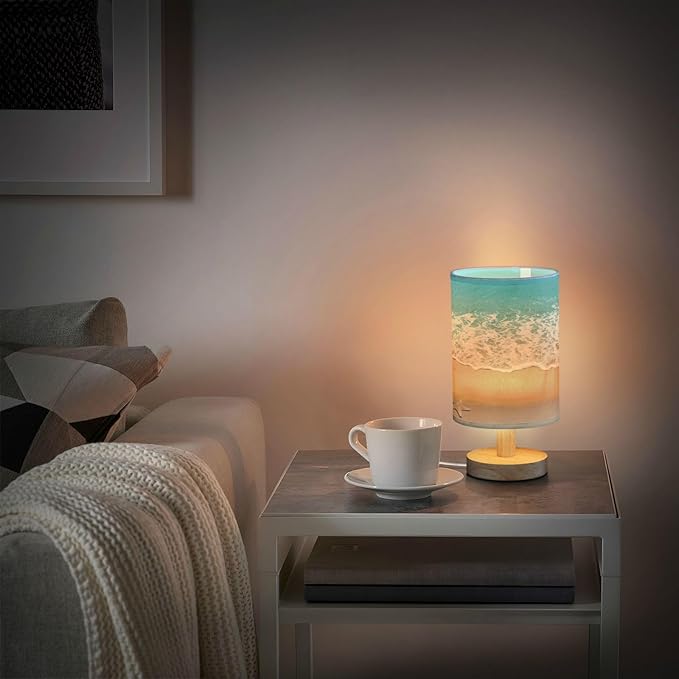 Seaside Beach Bedside Table Lamp for Bedroom Nightstand, Small Eye Care LED Desk Reading Lamp USB Port Wood Base Round Flaxen Fabric Shade for for Kids Room Living Room Office Desk