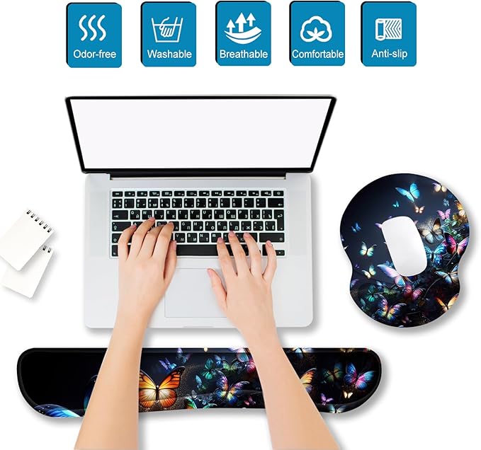 ARTSO Ergonomic Mouse Pad with Wrist Rest, Comfortable Keyboard Wrist Rest, Memory Foam Mousepad for Computer Keyboard, Mouse Pad Set for Easy Typing & Comfort, Night Butterfly