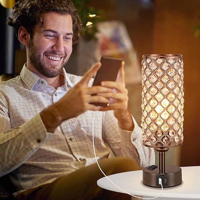 Hong-in Crystal Table Lamp Touch Control Set of 2, 3-Way Black Crystal Lamps with USB C+A Ports & AC Outlet, Dimmable Nightstand Desk Lamps,Modern Bedside Table Lamp for Bedroom(Bulbs Included)
