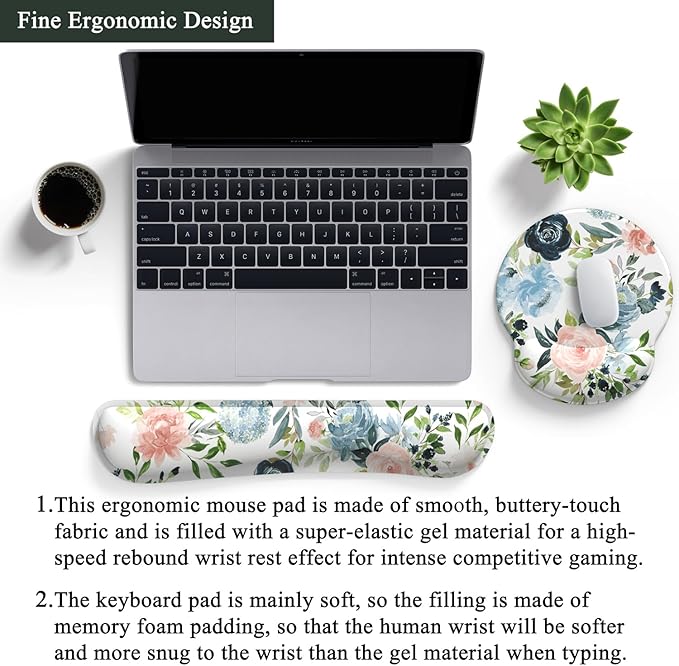 Green Blue Pink Floral Mouse Pad Wrist Support Keyboard Wrist Rest Set, Ergonomic Mouse Pad with Non-Slip Pu Base for Computer Office Comfortable Mouse Wrist Rest Easy Typing Mouse Pad.