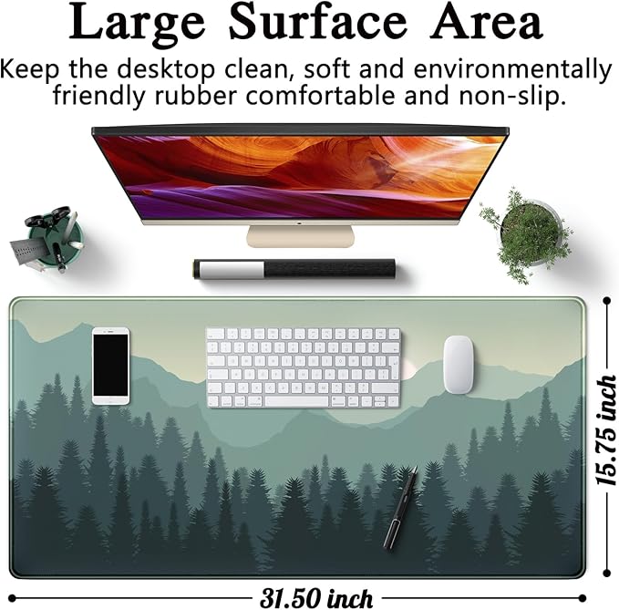 Forest Desk Mat Green Nature Large Mouse Pad XXL 31.5''X 15.7'' Landscape Aesthetic Desk Pad Gaming Mousepad Big Keyboard Mouse Mat for Laptop Computer Office Decor