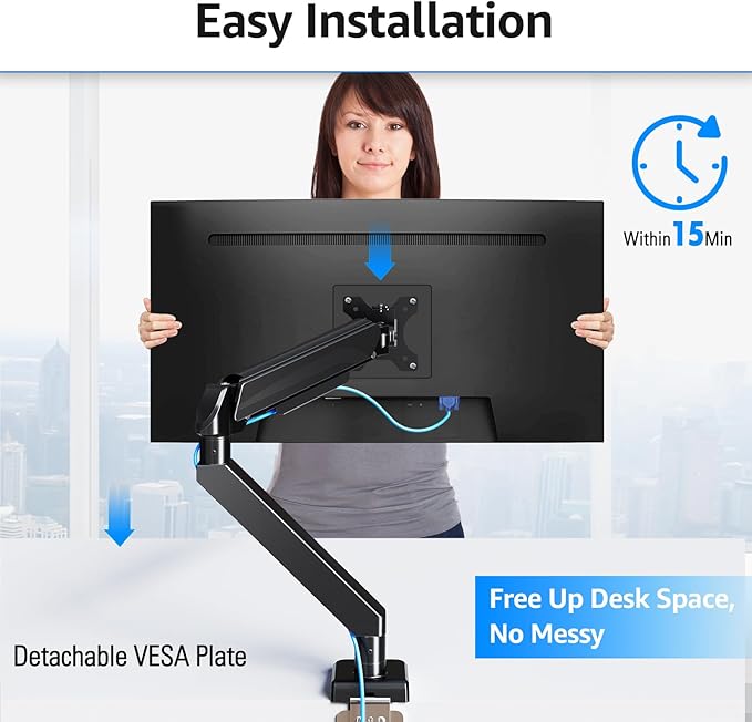 MOUNTUP Ultrawide Monitor Arm for Max 42 Inch Screen, Heavy Duty Monitor Desk Mount Support 4.4-33lbs, Computer Monitors Stand for Desk, VESA Mount with Clamp & Grommet Base