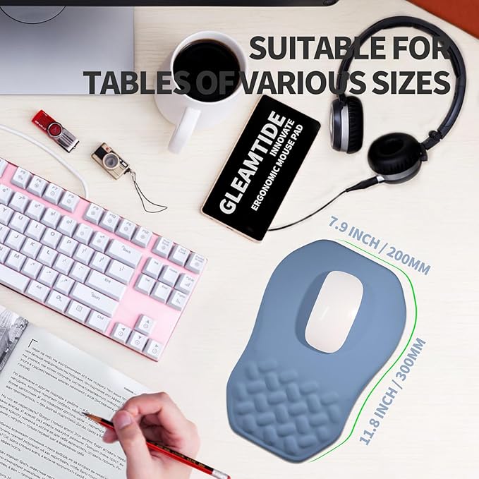 Ergonomic Raised Mouse Pad Wrist Support with Bilateral Slope Memory Foam Mousepad for Wrist Rest and Carpal Tunnel 11.8x7.9〃 Stone Blue