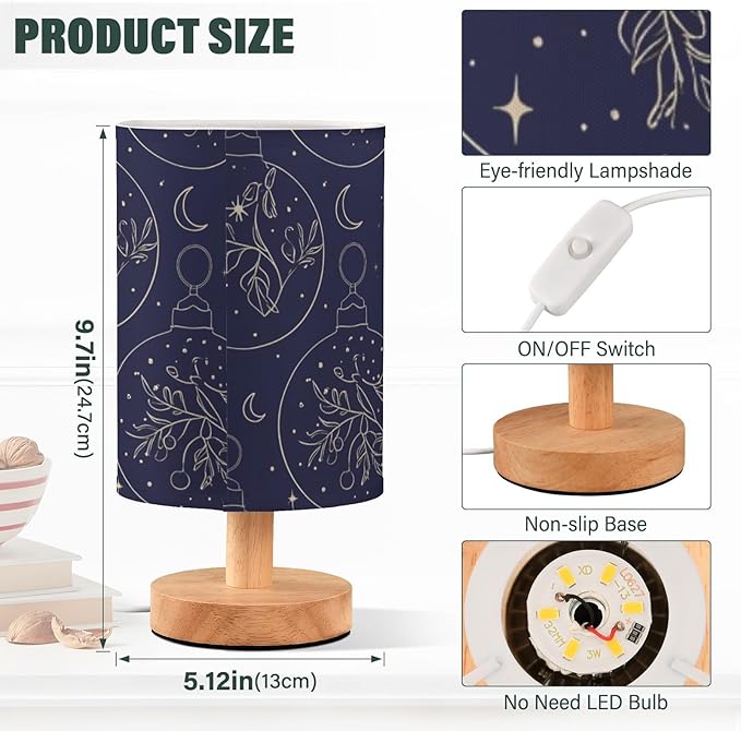 Christmas Bells LED Table Lamp, Bedside Lamp with Linen Lampshade, Flicker-Free Eye Care USB Plug in Nightstand Lamp, for Bedroom and Office
