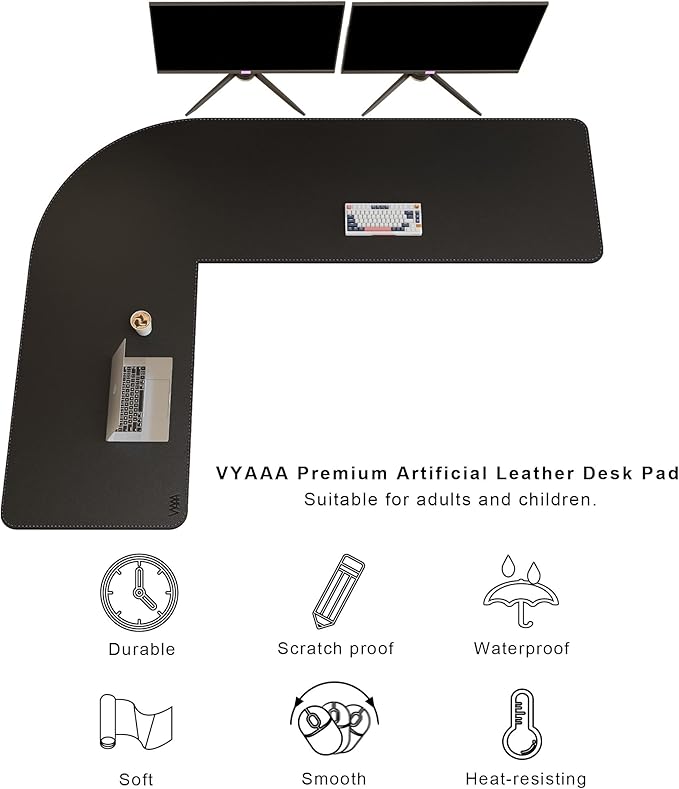 Vyaaa (59"+78.7") x 23.6" L Shaped Leather Desk Pad (Black), Dual-Sided Reversible PU Leather Desk Mat, Extra Large Mouse Pad, Compatible with L Shape Computer Desk for Home or Office