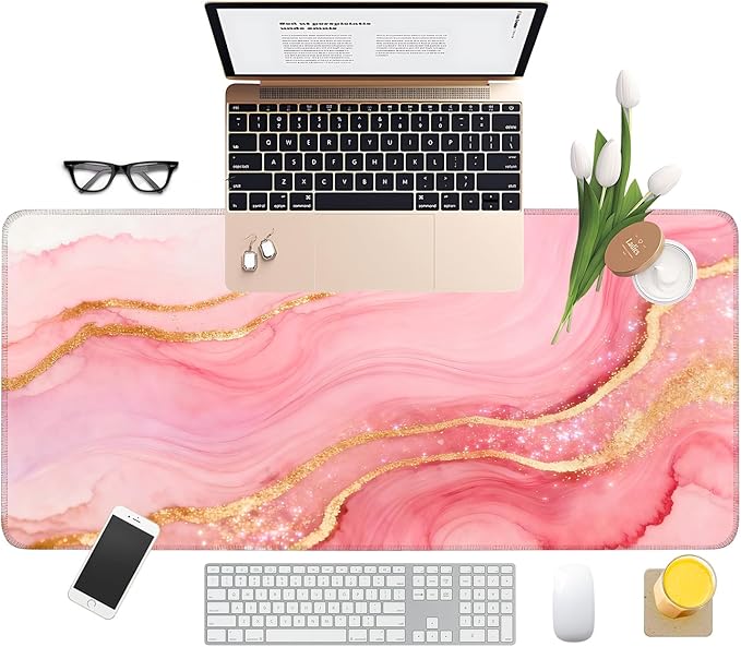 Pink Marble Extended Gaming Mouse Pad 35.4x15.7Inch Large Desk Mat Anti-Slip Rubber Base & Durable Stitched Edges for Gamers Smooth Mouse Writing Surface for Desk Office/Home