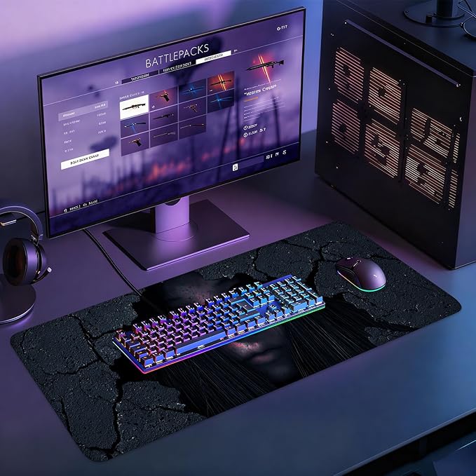 Desk Mat, XXL Extended Gaming Pad for Desktop, 31x12 Inches Horror Theme Figure Breaking Through Wall, Large Non-Slip Vegan Leather Surface with Stitched Edges, Keyboard Mouse Mat for Home Office
