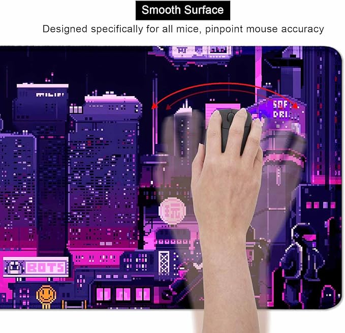 Purple Japanese Anime Large Gaming Mouse Pad for Desk, Retro Vaporwave Mousepad, Tokyo Street Pixel Art Desk Pads, Computer Mouse Pad XL Big, Skyline City Desk Mat, 35.4 x 15.7 in