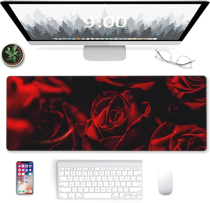 Rose Gaming Mouse Pad, Abstract Red Rose and Black Leaves Extended Mouse Pad Gaming Large,Big Desk Mat with Non-Slip Base and Stitched Edge,Computer Keyboard Mouse Mat for Home Office 31.5"x11.8"