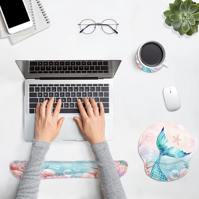 Britimes Pink Cute Deep Sea Mermaid Ergonomic Mouse Pad Set with Wrist Rest Non-Slip Rubber Base Wrist Cushion Support and Coasters Mousepad with Wrist Support for Computer Keyboard and Desk