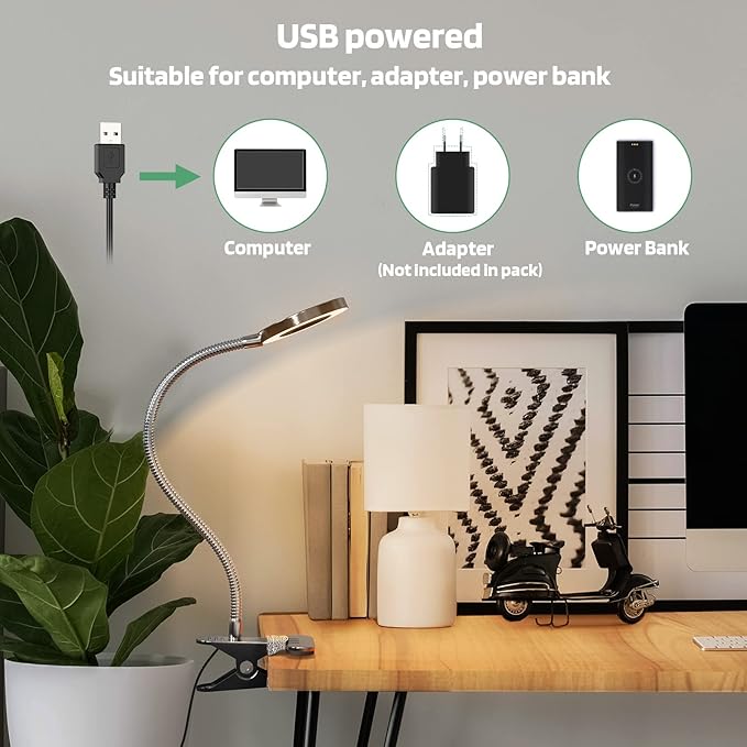 GLORIOUS-LITE LED Clip on Light, 36 LED Eye-Caring Reading Lamp for Dorm Room, 360° Flexible Gooseneck with 4 Color Modes, Dimmable Book Light for Bed, Desk, Headboard, Computer (Silver)