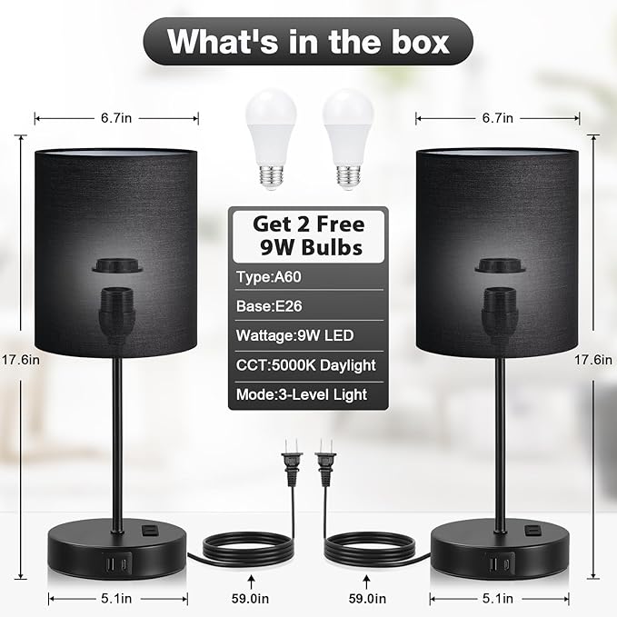 Black Touch Lamps for Nightstand Set of 2 - Bedside Table Lamp for Bedroom with Dual USB Ports & AC Outlet, 3-Way Dimmable Lamps for Living Room Boys Room, Night Light with 5000K Daylight Bulbs