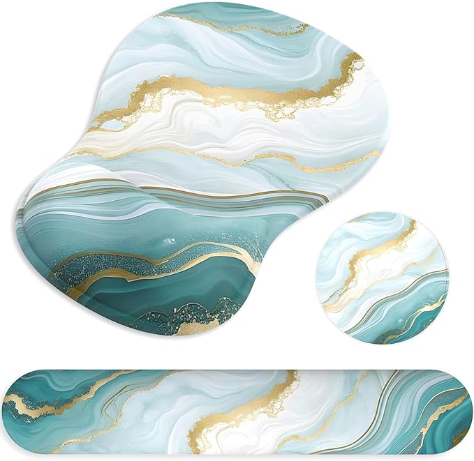 Ergonomic Mouse Pad with Wrist Rest and Keyboard Wrist Rest, Gel Mousepad and Wrist Rest for Computer Keyboard, Non-Slip PU Base, Mouse Pad Wrist Support for Gaming, Blue Green Marble