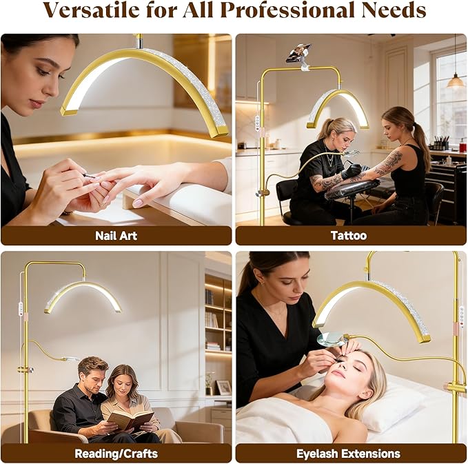 Half Moon Lash Light - Bling Diamond Lash Lamp with 4X Magnifier & Phone Holder, Adjustable Floor Lamp for Eyelash Extensions, Nail Art, Tattoo, Skincare, Dimmable Brightness, Rotating Head, Gold