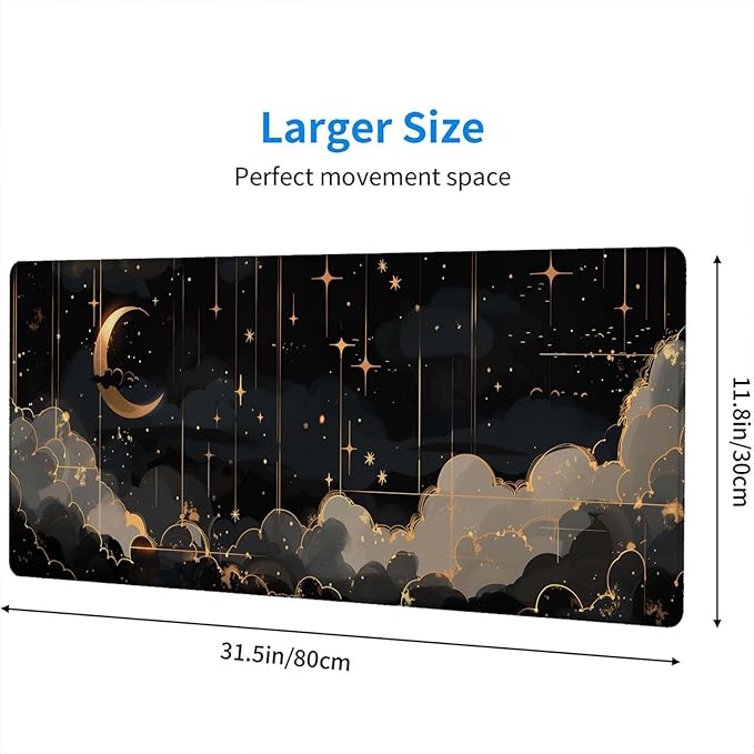 Black Gold Celestial Desk Mat - Extended Gaming Mouse Pad with Stitched Edge Non-Slip Base - 31.5"x11.8"