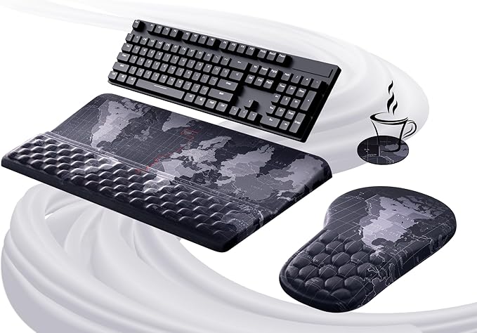 Ospelelf Ergonomic Mouse Pad and Keyboard Stand Wrist Rest Set, Memory Foam Comfort, Wrist Support for Typing, Office Desk Accessories, Map
