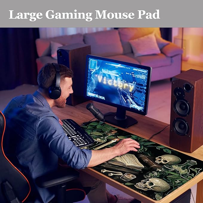 Gothic Botanical Desk Pad, Library Skull Large Gaming Mouse Pad, XXL Desk Mat Anti-Slip Waterproof Big Mousepad with Stitched Edges, Keyboard Mouse Mat for PC, Laptop, Work, Office, Home