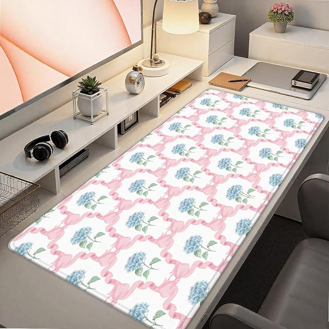 Blue Hydrangea Large Mouse Pad 31.5x15.7inch, Trendy Coquette Pink Bow Flower Aesthetic Large Extended Computer Desk Mat Mousepad for Keyboard and Mouse, Preppy Desk Accessories