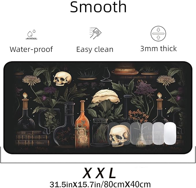 Retro Skull Large Mouse Pad, Gothic Desk Pad XXL, Office Desk Plant Desktop Cover Pad, Expanded Large Laptop Keyboard Pad, Dark Academic Gaming Table Decoration Accessories 31.5"X15.7"