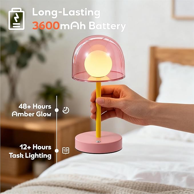 Cordless Touch Lamp Battery Powered, Rechargeable Table Lamp Dimmable, Coffee Table Small Lamps IP44, LED Wireless Desk Light for Girls Bedroom Playroom Nightstand, 7.7" W X 10.6" H (Pink)