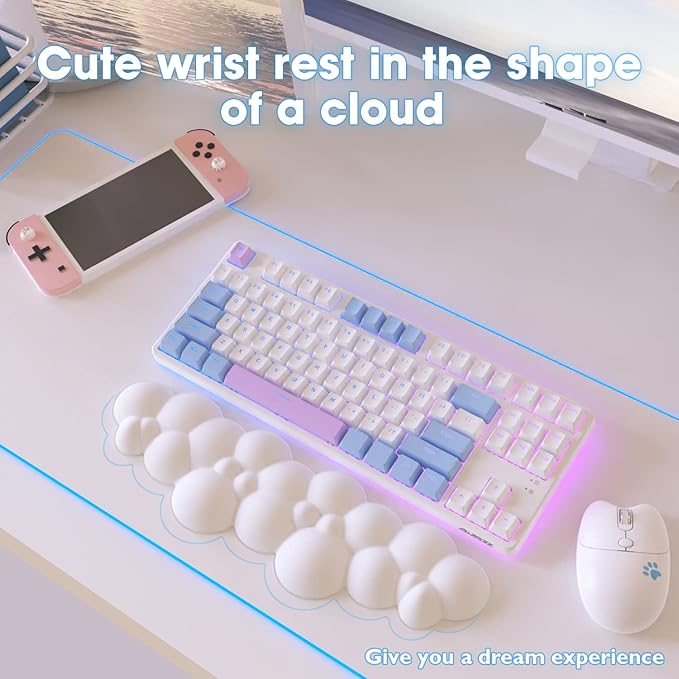 ATTACK SHARK Cloud Mouse Pad Wrist Support and Keyboard Wrist Rest,Ergonomic Design for Typing Pain Relief,Memory Foam Wrist Rest Leather Cup Coaster for Desk,Office,Computer Laptop,Mac(White)
