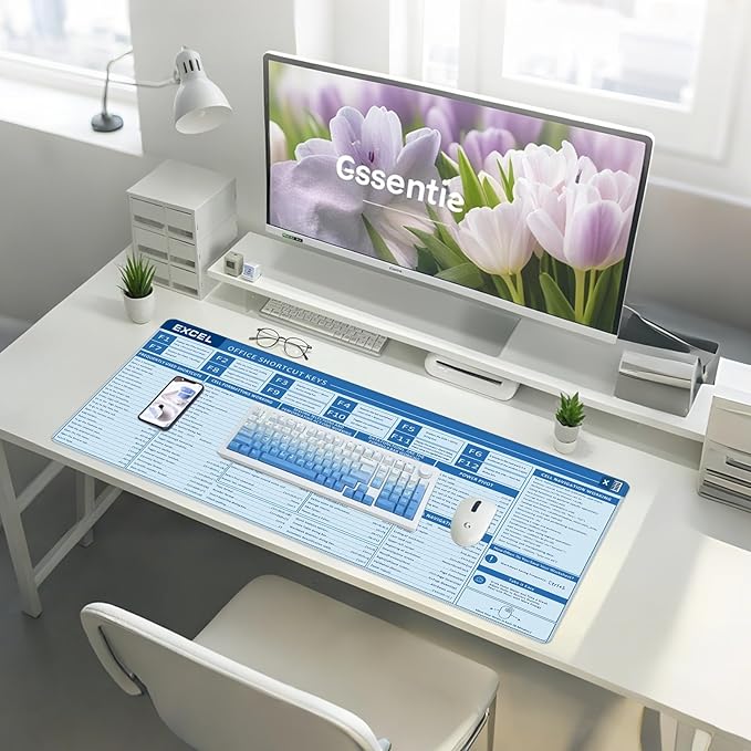 Baziabbo Office Desk Mat, Excel Cheat Sheet Keyboard Mat, Excel Shortcut Desk Pads,Non-Slip Excel Mousepad with Stitched Edges for Computer (Sheet Blue)