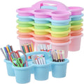 6 Pack Classroom Caddy Organizer with Handle Pastel Plastic Table Caddy Drink Cup Caddies Holder 12x9x3.5 Inches Storage School Supplies 6 Compartments for Table Crayon Pencil Cup Marker Craft