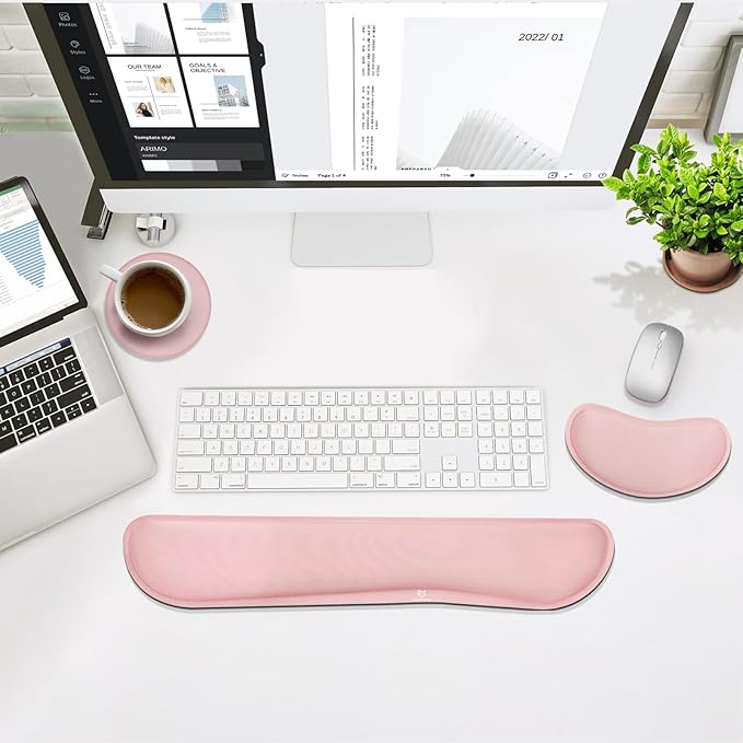 Gimars Upgrade Cleanable PU Leather Keyboard Wrist Pillow Rest Pad, Enlarge Mouse Wrist Cushion Support for Office, Computer, Laptop, Mac, Durable, Comfortable, Pink