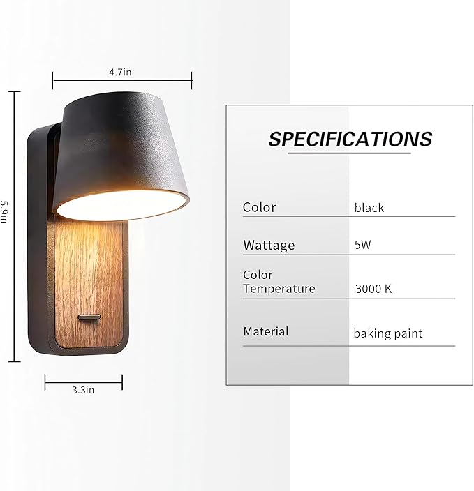 Black & Wood Grain Wall Sconce - 5W 3000K Warm Glow, Flicker-Free Eye-Care LED, Aviation-Grade Aluminum, Decorative Wall Light for Living Room Bedroom