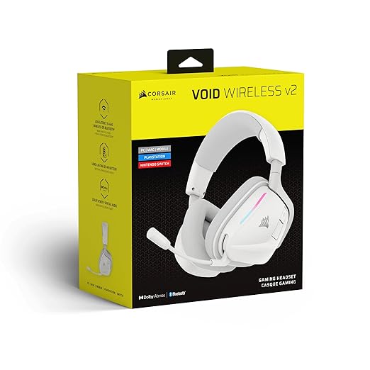 Corsair Void v2 Wireless Gaming Headset with Bluetooth for PC, PS5, PS4, Switch, Mobile – Dolby Atmos, 70 Hr Battery, Dual Wireless, Lightweight, Fast Charging – White
