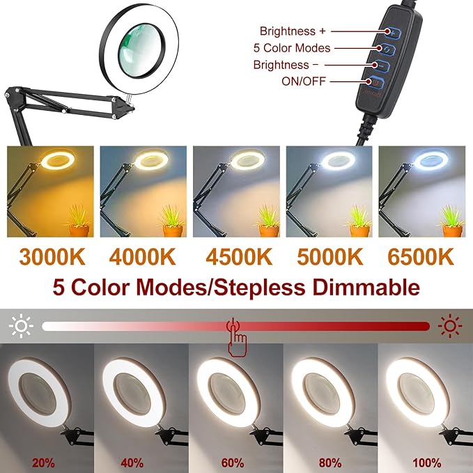10X Magnifying Glass with Light and Stand, 2-in-1 Magnifier with Light, 5 Color Modes LED Desk Magnifying Glass, Hands Free for Craft Hobby Reading Painting Sewing Close Work