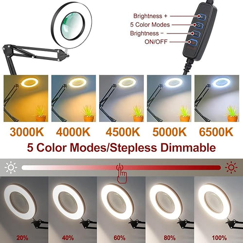 10X Magnifying Glass with Light and Stand, 2-in-1 Magnifier with Light, 5 Color Modes LED Desk Magnifying Glass, Hands Free for Craft Hobby Reading Painting Sewing Close Work
