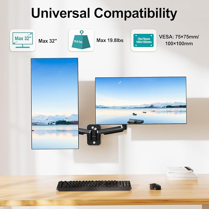 MOUNT PRO Dual Monitor Wall Mount for 13 to 32 Inch Computer Screens, Wall Monitor Arm for 2 Monitors, Each Holds Up to 19.8lbs, Full Motion Wall Monitor Mount with VESA 75x75/100x100