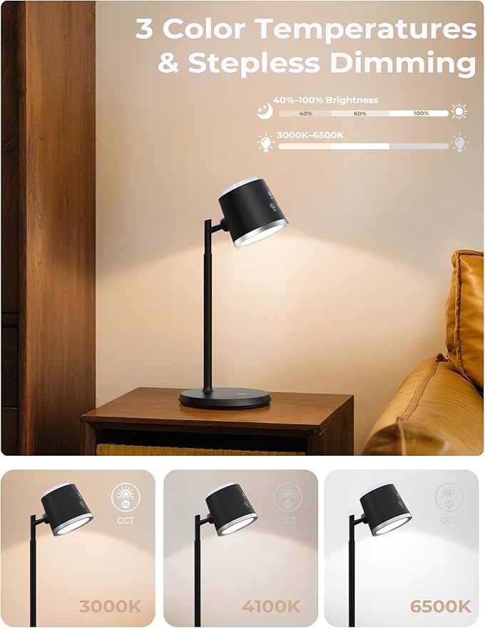 Modular LED Desk Lamp for Home Office, Eye-Caring Table Lamp Dimmable Rechargeable with 360°Adjustable Head, 3 Color Temperatures & Stepless Brightness, Touch Control & Memory, Multi-Scene Use, Bkack