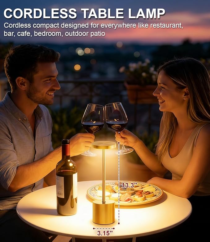 Cordless Table Lamp Set of 2, Gold 5000mAh Rechargeable Battery Operated Lamps, Wireless 3 Color Dimmable Touch Lamp Table Light for Restaurant Dining Patio Outdoor, Home Decor